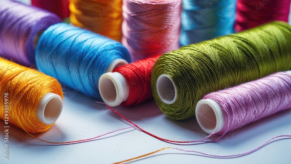 Poster colorful sewing threads arranged for embroidery on a white background showcasing vibrant hues and te
