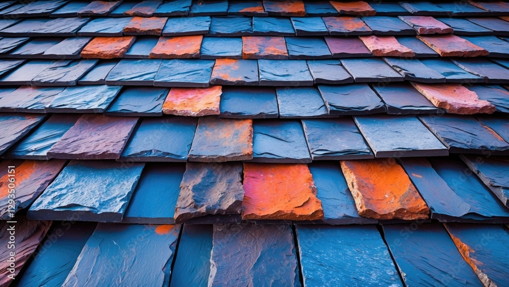 Poster beautifully arranged slate roof tiles showcasing a vibrant color palette in a horizontal layout idea