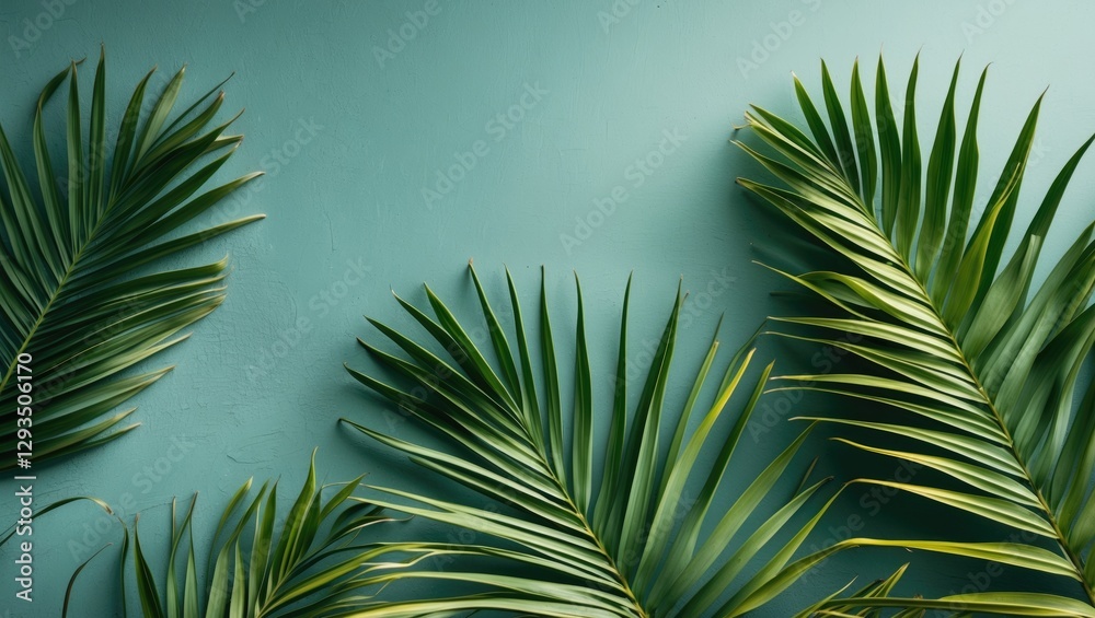 Poster tropical palm leaves on teal background with copy space for text design and decoration concepts