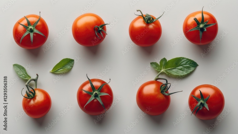 Poster Fresh Cherry Tomatoes Arranged in a Minimalistic Layout with Green Leaves on Light Background Ideal for Culinary and Food Presentation Themes