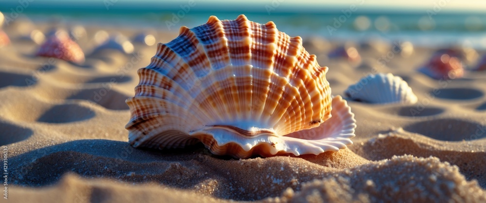 Aufkleber Colorful Seashell Resting on a Sandy Beach with Soft Waves and Bright Sunlight in the Background Creating a Serene Coastal Atmosphere