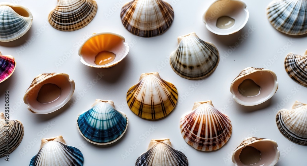 Aufkleber Collection of Common Cockle Shells on White Background Diverse Colors and Patterns Close-Up of Marine Bivalve Mollusc Empty Shells