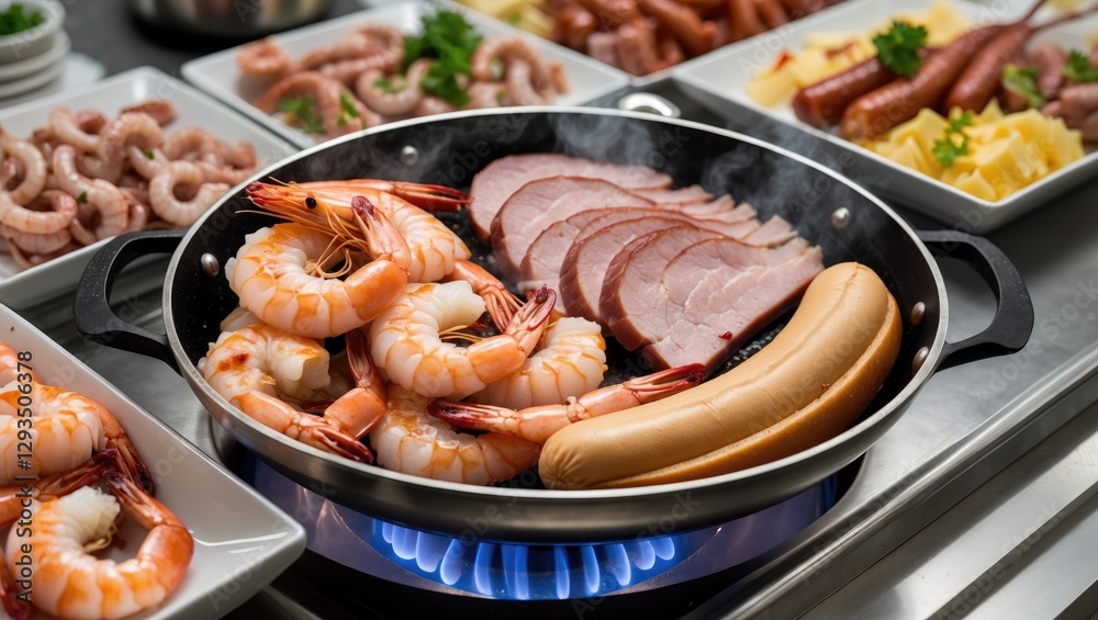 Poster Seafood and Pork Dish in a Hot Pan on a Buffet Table with Empty Space for Menu or Promotion Text