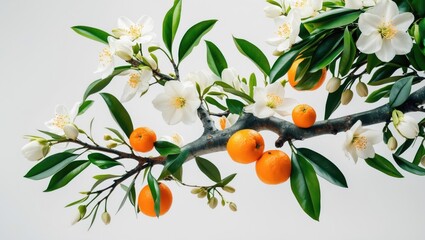 Vibrant orange tree branch featuring blossoms, buds, and leaves against a clean white background, showcasing nature's beauty in spring.