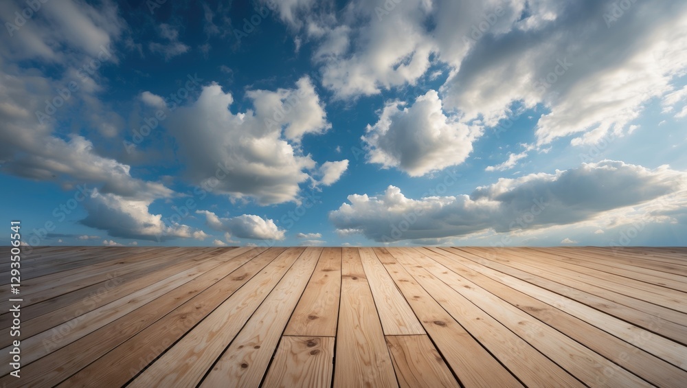 Aufkleber Sky with Soft Clouds Over a Wooden Floor Perspective for Background Design and Nature Themes