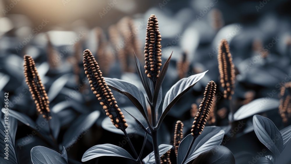 Aufkleber macro close-up of a striking plant featuring elongated dark brown seed structures surrounded by gray