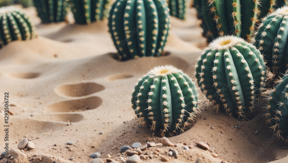 Poster cactus growth in sandy desert landscape with text space for nature themes and background designs