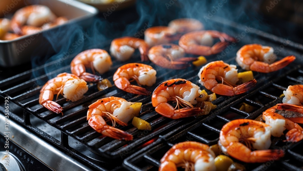 Poster grilled shrimp barbecue on a stovetop with smoke and vibrant colors showcasing seafood preparation w