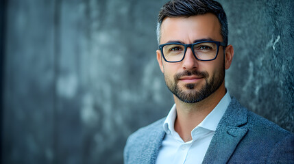 Vibrant professional headshot of bearded man urban setting portrait photography business environment close-up confidence