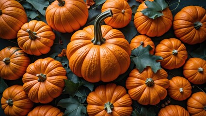 Vibrant assortment of orange pumpkins with green leaves on a dark background, perfect for fall and seasonal themes.