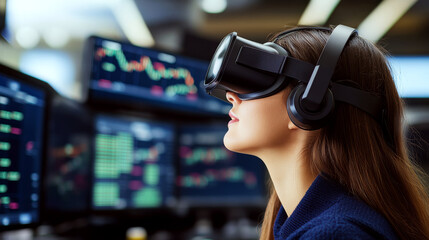A woman wearing virtual reality goggles is focused in front of multiple monitors displaying graphs. Concept of technology and data analysis. For tech stock photo.