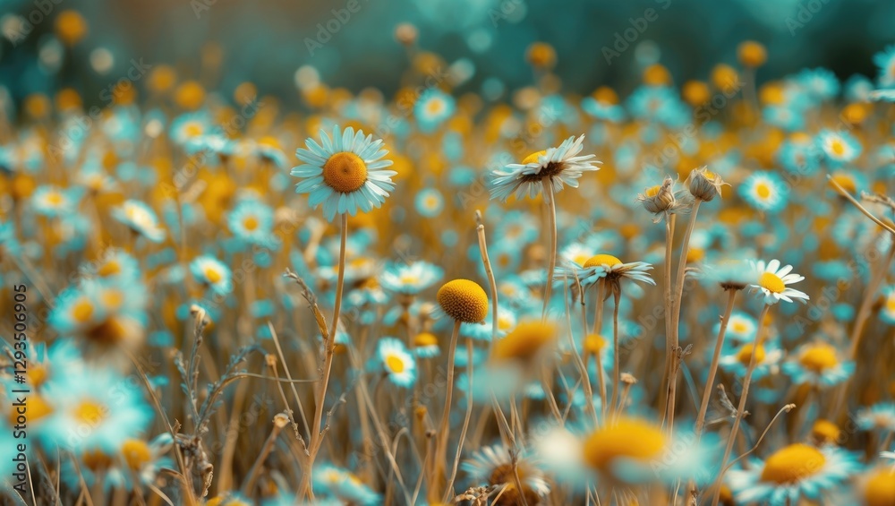 Poster dried wild daisy meadow with selective focus and soft blurred grass background in vibrant colors