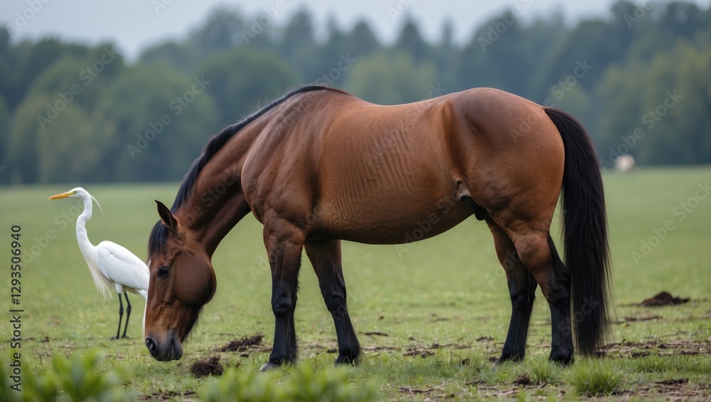 Aufkleber Horse Grazing in Meadow with White Egret in Background and Abundant Empty Space for Text or Design Elements