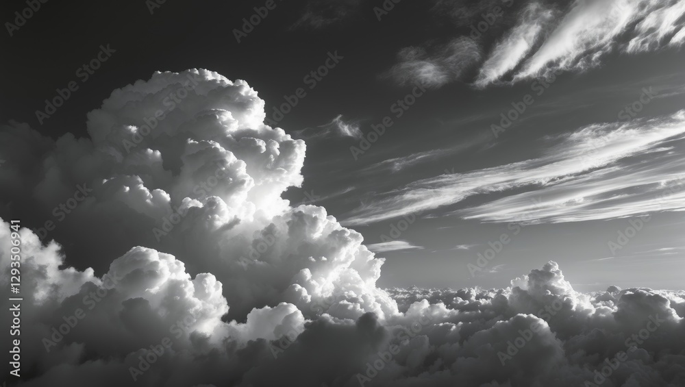 Poster elegant black and white depiction of dramatic clouds in the sky showcasing textures and contrasts ag