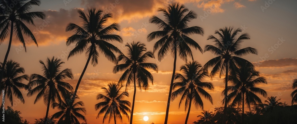 Poster Silhouette of tropical palm trees against a vibrant sunset sky with empty space for text ideal for relaxation or travel themes
