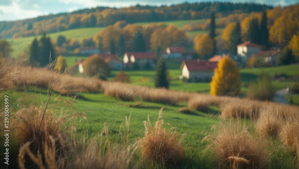 Poster autumn landscape featuring green and dried grass in a meadow with a blurred bosnian village in the b