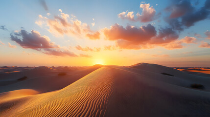 Wavy sand dunes at sunset desert landscape eye-catching nature scene dramatic shadows serene viewpoint stunning visuals