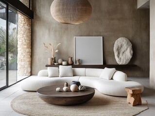 A living room with a white couch, a coffee table, and a large window. A white framed picture hangs on the wall