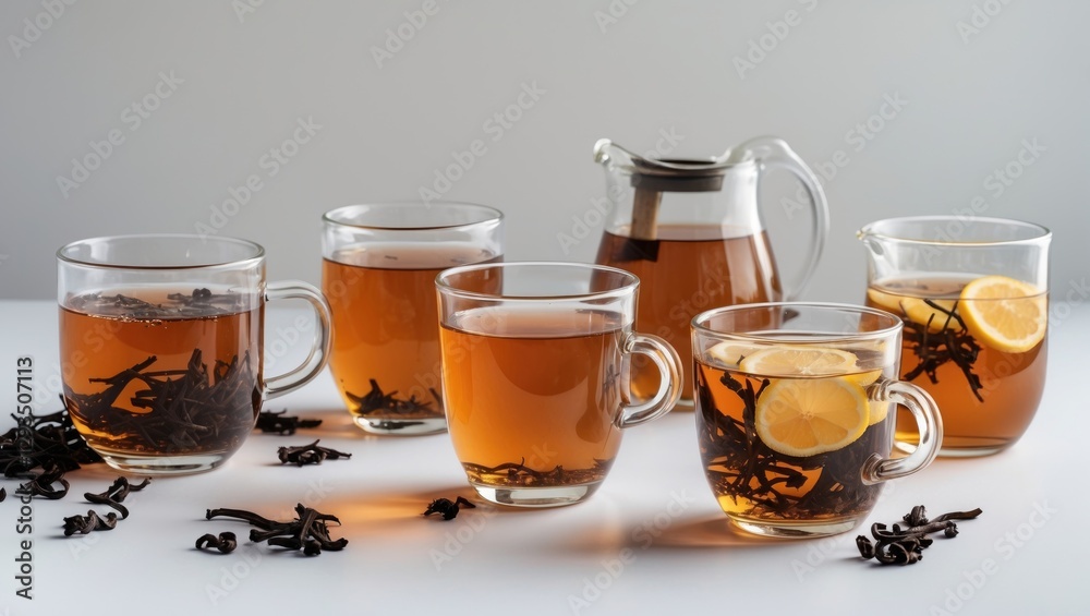 Aufkleber assorted glassware with cold black tea and lemon displayed on white background