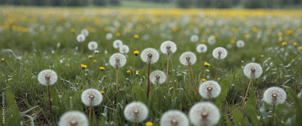 Poster dandelion fluffy seedheads in lush meadow with yellow flowers and clear background ideal for text ov