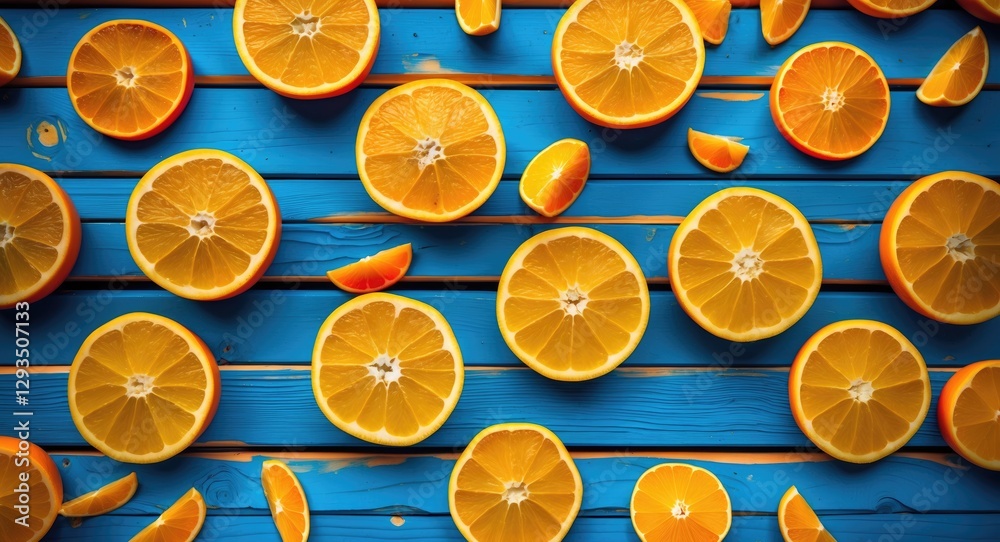 Poster Sliced oranges scattered on vibrant blue wooden planks creating a colorful and refreshing background for culinary or health concepts