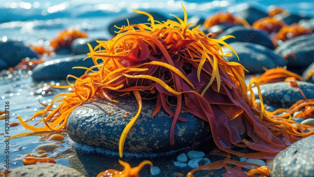 Poster vibrant seaweed cluster on wet stones with ocean waves in background at shoreline