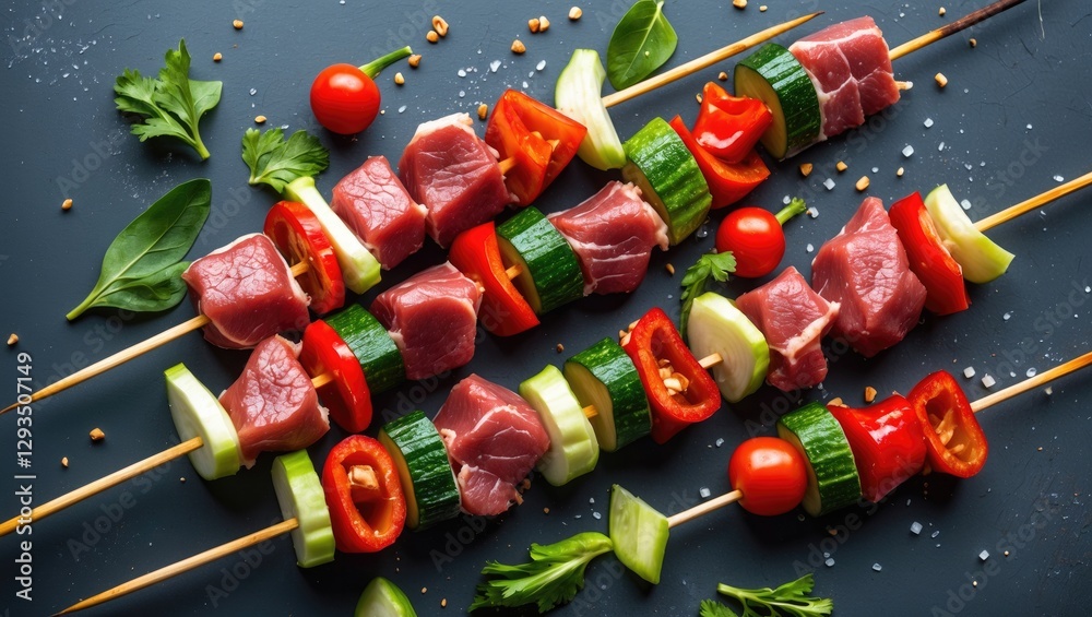 Aufkleber fresh skewers of raw meat and colorful vegetables ready for grilling on a rustic dark background