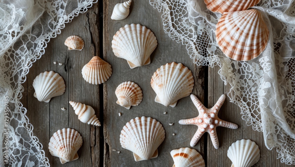 Poster seashells and lace delicately arranged on rustic wood creating a shabby chic coastal background for 