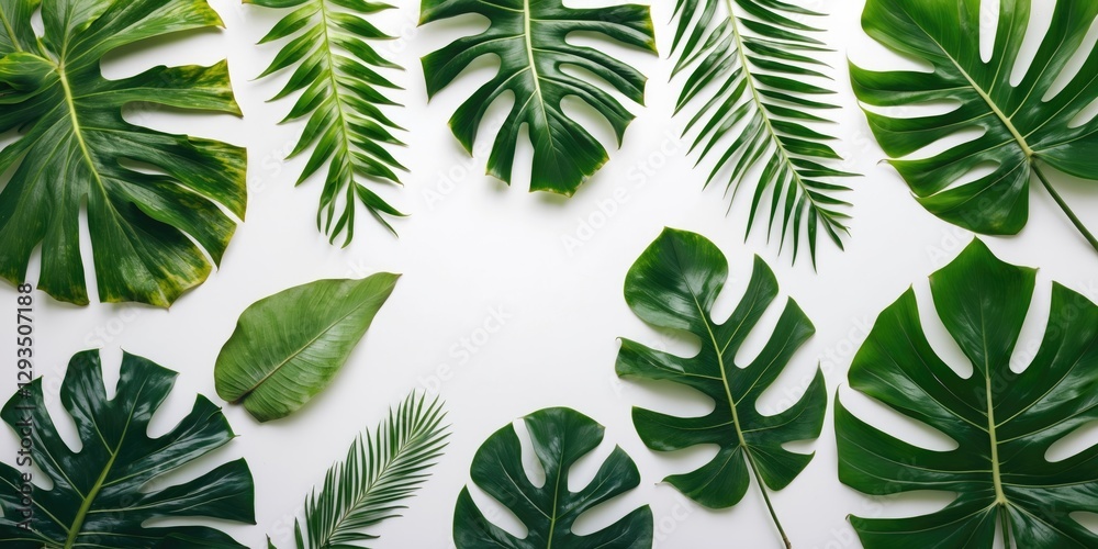 Poster tropical green leaves arrangement on white background with space for custom text in banner design na