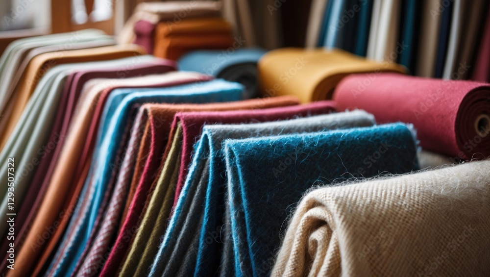 Poster colorful display of wool fabric rolls arranged in a variety of textures and shades showcasing textil