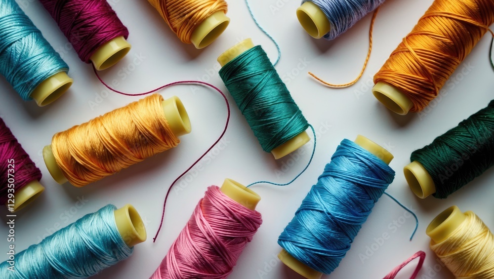 Poster colorful sewing threads for embroidery displayed on a white background in assorted spools showcasing