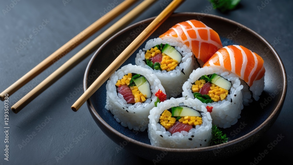 Aufkleber Elegant Sushi Platter with Vibrant Textures and Colors Served on Dark Background with Chopsticks Ready for Enjoyment and Space for Text