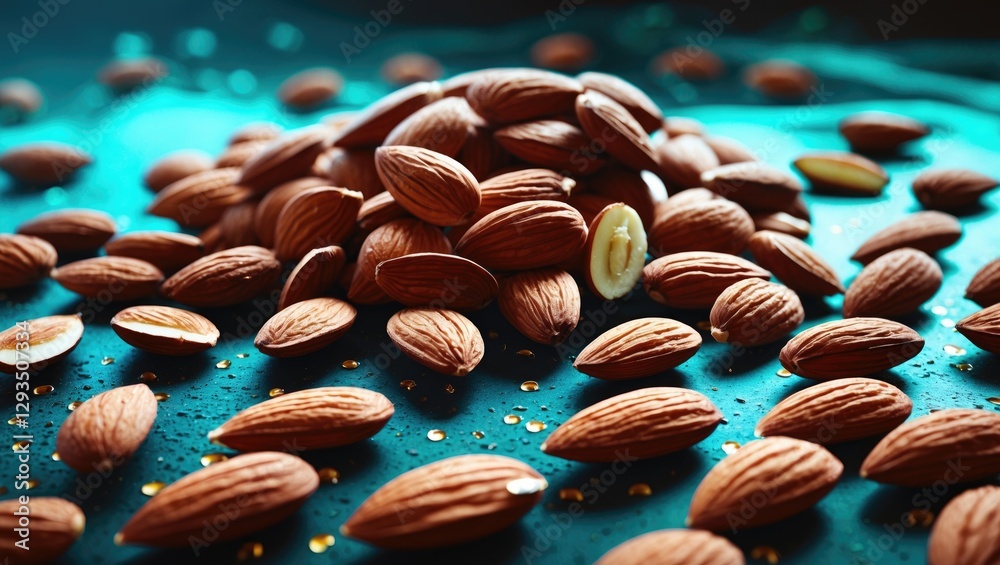 Poster nutrient-rich almonds piled on a vibrant surface showcasing their natural texture and health benefit