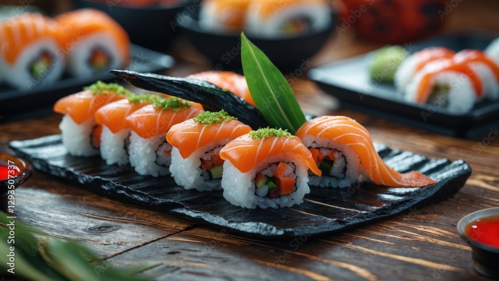 Poster sushi selection displayed on slate plate with fresh ingredients and artistic presentation in warm li