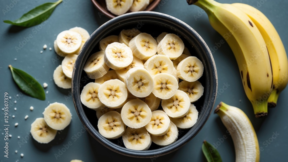 Poster sliced bananas in bowl on table with fresh bananas and leaves healthy food concept with space for te