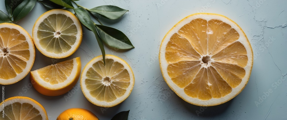 Poster citrus fruit slices on light background with green leaves and copy space for text or marketing descr