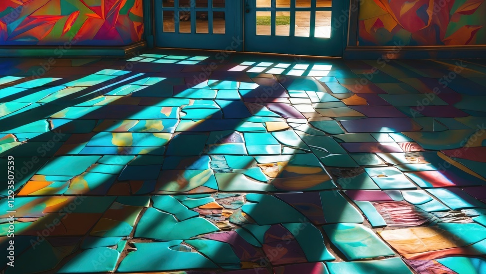 Poster Vibrant colored shadows cast across a mosaic tile floor illuminated by sunlight creating a dynamic interplay of light and color