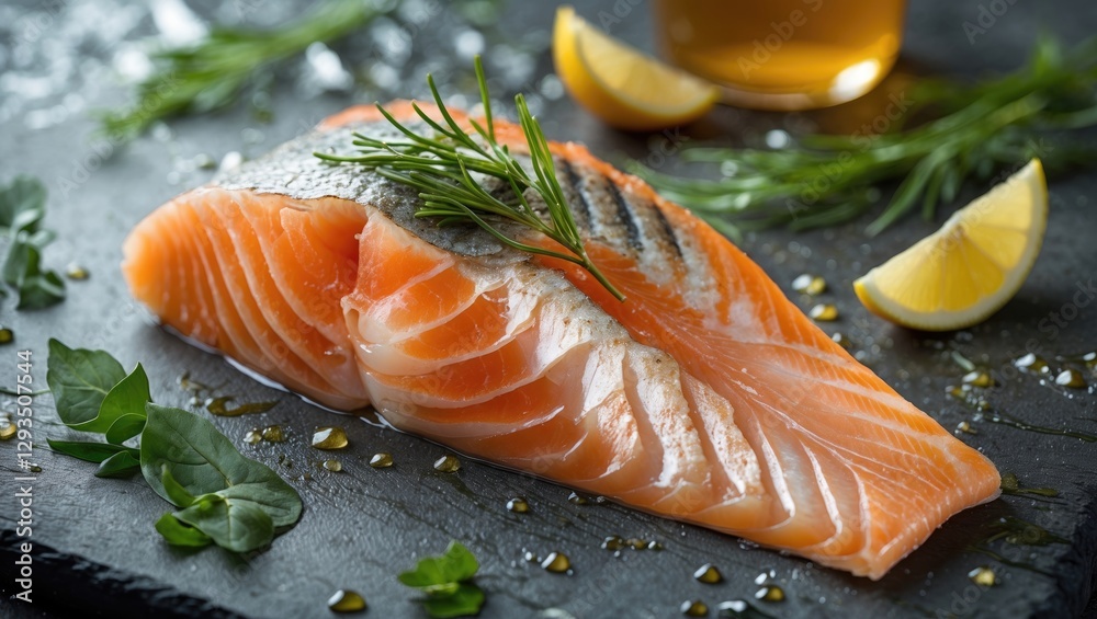 Poster freshly cut salmon fillet garnished with herbs and lemon slices on slate background