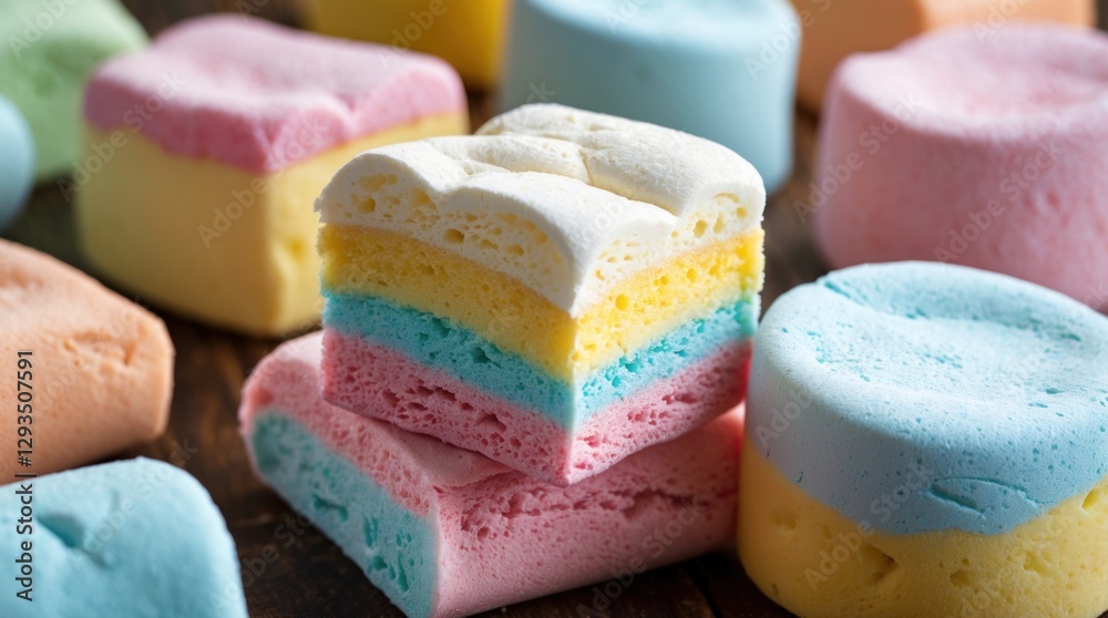 Aufkleber colorful marshmallows stacked on wooden background showcasing layers of sweetness and soft texture p