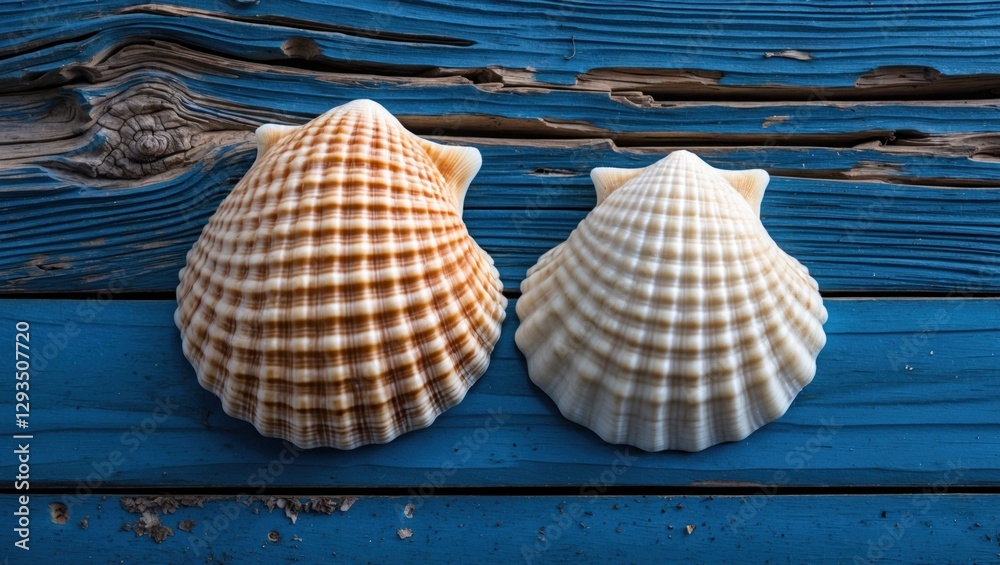 Poster seashells displayed on weathered blue wooden surface showcasing natural textures and patterns for co