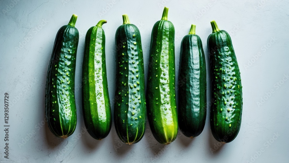 Poster Six fresh green cucumbers arranged neatly on a light surface showcasing their vibrant color and texture for culinary or market use.
