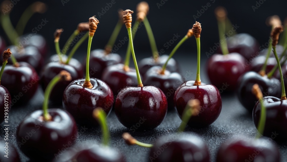 Poster vibrant close-up of fresh dark red cherries arranged artistically with selective focus showcasing th