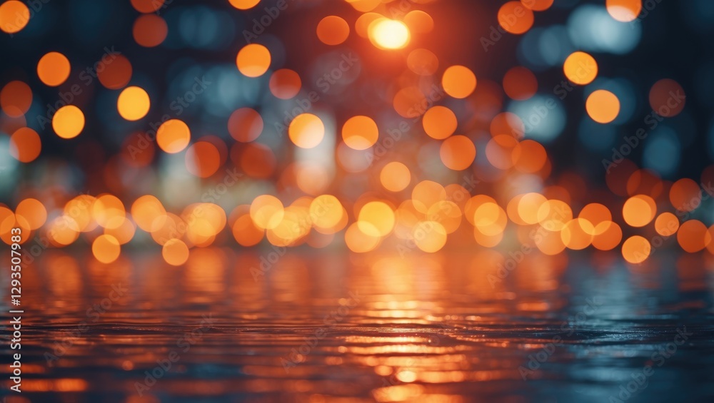 Poster abstract orange bokeh light background with a shimmering wet surface creating a warm and inviting at