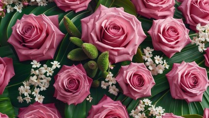 Elegant arrangement of pink roses with delicate white flowers and lush green leaves showcasing beauty and harmony in floral design.