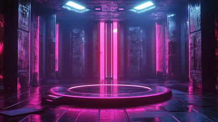 Futuristic cyberpunk room neon pink purple lights glowing dark scifi stage style night space design