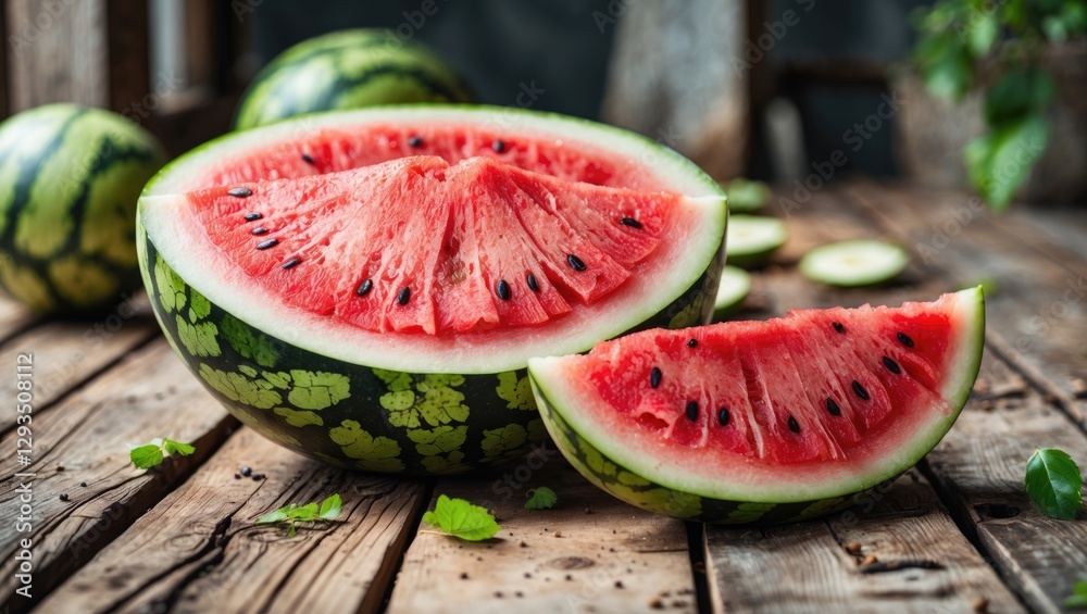 Poster freshly sliced watermelon on rustic wooden table with room for text and juicy red flesh and green ri