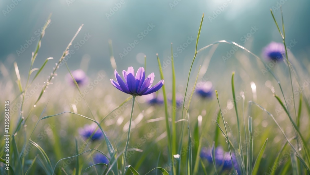 Aufkleber Serene Flower in Focus Amidst Blurred Grass with Soft Background and Space for Adding Custom Text or Message