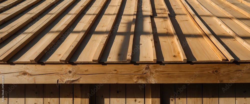 Poster Luminous Patterns Created by Shadows on Wooden Roof Beams and Lathing Surfaces