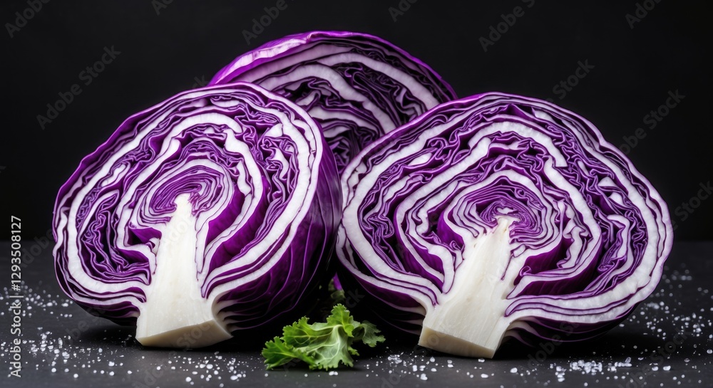 Poster vibrant sliced purple cabbage halves on a black background with fresh greens highlighting the intric