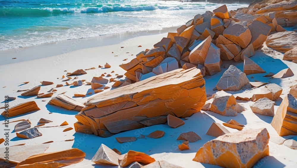 Poster rugged rock formations scattered on a pristine white sand beach with ocean waves in the background c